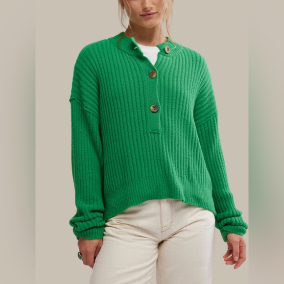 Free People Sweaters - NWT FREE PEOPLE Cocoa Henley Rib Sweater In Rolling Hills MSRP $108 XS Oversized